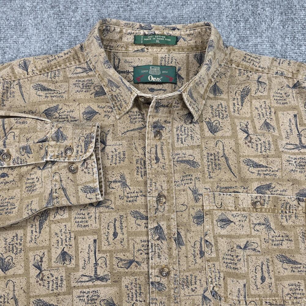 Vintage Orvis Shirt Mens XL Beige Fly Fishing Print Lined Twill Hong Kong 90s